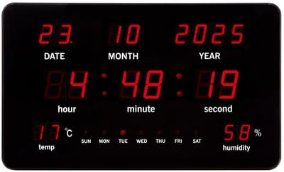 Perel Digitale LED wandklok zwart met grote rode LED-cijfers 37,5×25,5 cm, klok met kalender tijd datum temperatuur en hygrometer, thermometer voor kantoor of klaslokaal