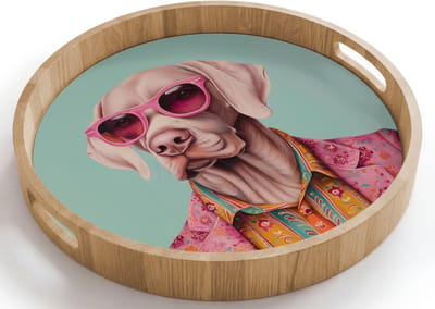 Dienblad rond 40x40 cm - Schootdienblad hout - Hond - Overhemd - Bloemen - Bril - Borrelplank rechthoek - Plateau houten dienbladen