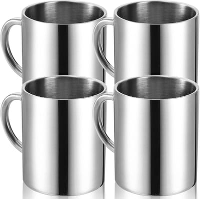 STAR&STER 4 stuks 300 ml roestvrijstalen koffiekopjes, koffiekopjes, dubbelwandige isolatiebekers, thermobekerset, zilverkleurig