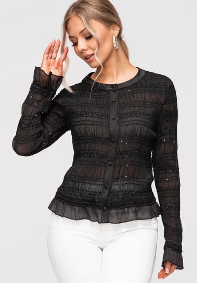 OMBRE Blouse - Aansluitend - Lange Mouw - Knopen Zwart M/L