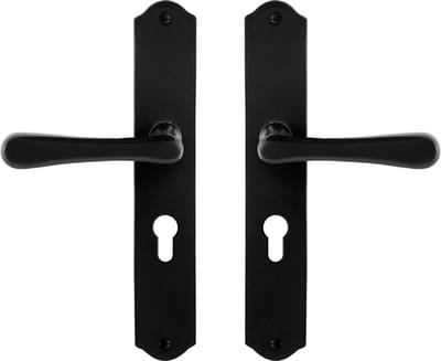 Deurkruk op schild - Smeedijzer zwart - Gietijzer - GPF - GPF6240.60 smeedijzer zwarte Deurklink Paju op PC55, 238x41x4mm