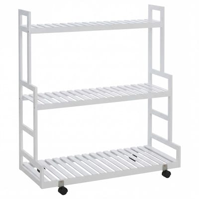 Bamboe plantenrek MCW-Q33, bloemenladder bloemenstandaard plantenladder, 3 planken wieltjes 105x90x38cm ~ wit