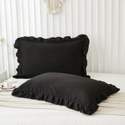 Famanu – Kussensloop - set van 2 stuks - standaard kussenhoes - met ruches aan de randen - van zachte microvezel - vintage stijl - schattige kussensloop - ca. 51 x 76 cm - zwart
