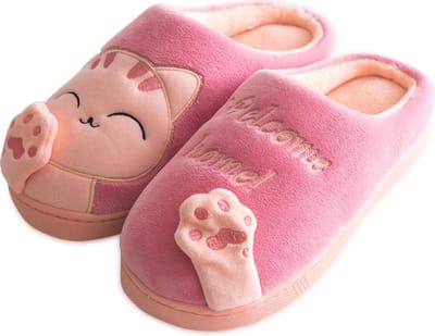 Geweo Home Sloffen - Pantoffels - Open Sloffen - Koraal Fleece Pantoffels Dames - Antislip - Leuk Katje - Kerstmis - Kerstfeest - Christmas Gift  - Roze - Maat 37/38