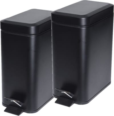 Pedaalemmer - 2x stuks - zwart - 5 liter - metaal - 25 x 14 x 29 cm - vuilnisbak - voor badkamer en toilet