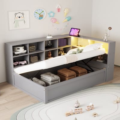 DESMIU Slaapbank 90x200 cm – Eenpersoonsbed met Stopcontact en LED-Verlichting – Hydraulische Opbergruimte – Voor Gastenkamer – Hout – Grijs – Zonder matras