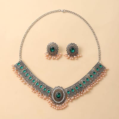 Mode Retro Bol Kwastje Nekketting Dames Flash Diamant Bloemen Sleutelbeenketting Oude Zilveren Geometrische Ketting Oorbellen Set groen
