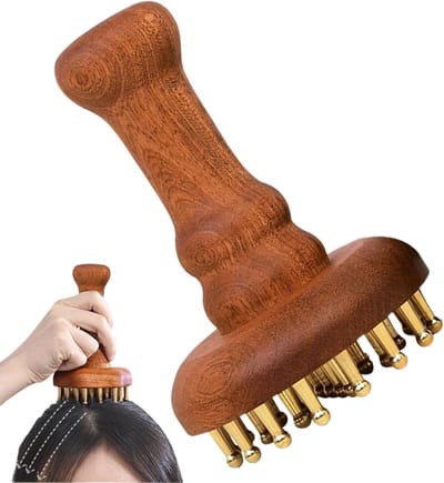 Hoofdhuidmassageapparaat - Lichaamskam - Stressvermindering - 24 Koperen Tanden - 17.4 x 14.7 x 8.8 cm - Houtkleur