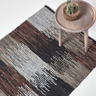 Homescapes Gerecycled leren vloerkleed in grijs, bruin en zwart, 90 x 150 cm