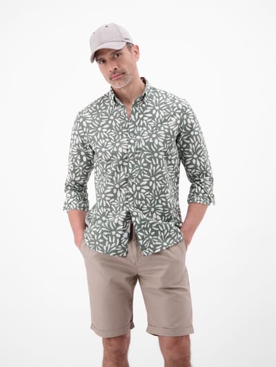LERROS Overhemd met lange mouwen en bloemenprint van een materiaalmix , Maat: L , Kleur: STORM GREY , 55% linnen, 45% katoen