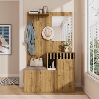 MODFU - Halgarderobe - Met Spiegel En Gevoerde Zitting - Modern - Voor De Hal - MDF - Zwart En Naturel - 110 X 185,5 X 37 Cm