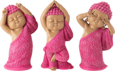 J-Line figuur Monnik Grappig - polyresin - roze - 3 stuks