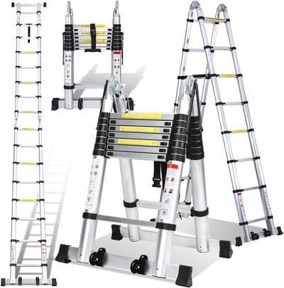 Telescoopladder 2,5 m + 2,5 m – Aluminium Vouwladder met 8 + 8 Treden – 150 kg Belastbaarheid – Inklapbare Huishoudladder