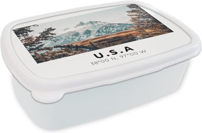 Broodtrommel Wit - Lunchbox - Brooddoos - Amerika - Bergen - Winter - Bos - 18x12x6 cm - Volwassenen