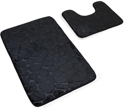 Antislip Badmat Set - 2-delige Verdikte Badkamer Mat Set - Extra Absorberende 100% Memory Foam Badmat en Voetstuk Toilet Mat (Zwart)
