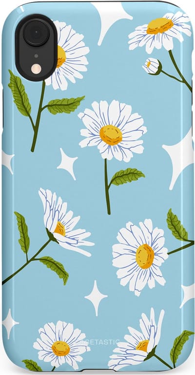Casetastic hoesje geschikt voor Apple iPhone XR - Dubbellaagse bescherming - Margrietjes in de Wind - Fashion Case - Lichtblauw Wit Groen
