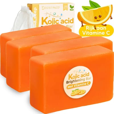 Destined® Kojic Acid Brightening Bar - 4x Bundel - Vitamine C Zeep - Dark Spot Remover / Pigmentvlekken Verwijderen - Huid Egaliseren - Anti Acne - Glow Boost - Alternatief Turmeric Zeep - Met Vitamine C & Kojic Acid - 560g