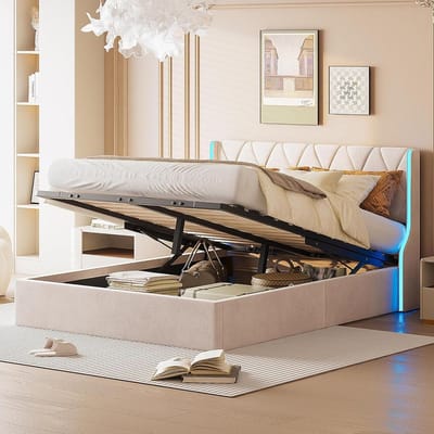 Tweepersoonsbed met Opbergruimte - Gestoffeerd Bed Frame - Slaapkamer Inrichten - Geïntegreerde LED Verlichting - 140x190 cm - Beige