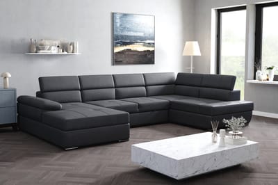 Hoekbank Lazaro Zwart Links Microvezelstof hoeksalon met bed en dubbele opbergruimte