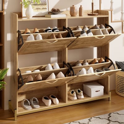 MODENUIT Schoenenkast - 4 Deuren Met Lattenfront - Voor Hal En Gang - MDF Met Metaal - 108,5x24x100 Cm - Houtkleur