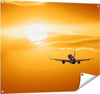 Gards Tuinposter Vliegtuig bij Zonsondergang - 100x80 cm - Tuindoek - Tuindecoratie - Wanddecoratie buiten - Tuinschilderij