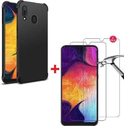 Anti-Shock silicone hoesje zwart met 2 Pack Tempered glas Screen Protector Geschikt voor: Samsung Galaxy A20E