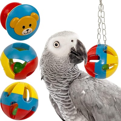 Vogelkooi Vogel Speelgoed Set - Papegaai Speelbal met Bel 3-Delige Set - Kleurrijk Plastic Hangaccessoire voor Middelgrote en Grote Vogels, Interactief Speelgoed - Bal met bel - 23x7.5cm