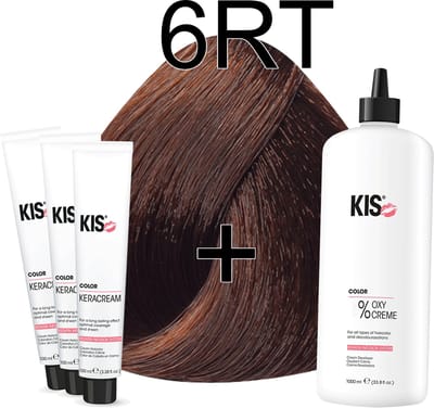Kis KeraCream Color - 100ml - Haarverf Set - 6RT Donker rood tabak | KIS - (3 x haarverf & 1L waterstofperoxide)