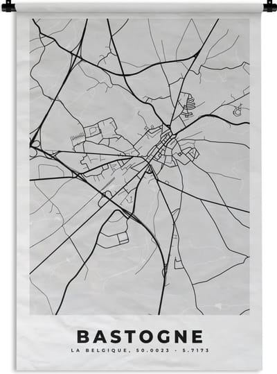 Wandkleed - Wanddoek - Stadskaart – Plattegrond – België – Zwart Wit – Bastogne – Kaart - 120x180 cm - Wandtapijt