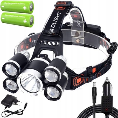 LED-hoofdlamp Oplaadbaar 5x LED CREE XM-L T6 Krachtige hoofdlamp met 2x 18650 Li-Ion 4200 mAh batterij, netstroom- en autolader, IPX5 waterdichte aluminium behuizing, 5 lichtmodi Verstelbare hoofdlamp
