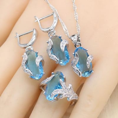 Ensembles de Bijoux de Couleur Bleu Ciel Semi-Précieuse Avec Bracelet Pour Femmes Collier Pendentif Boucles d'Oreilles Bague Cadeau d'Anniversaire SKY BLUE&7 gray