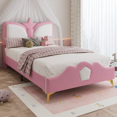 Wishdor Kinderbed 90x200 cm – Gestoffeerd met Kroonvormig Hoofdbord – PU – Roze en Wit