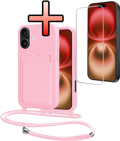 Hoes Geschikt voor iPhone 16 Plus Hoesje Pasjeshouder Cover Met Koord Case Siliconen Hoes Met Telefoonkoord en Kaarthouder Met Screenprotector - Lichtroze