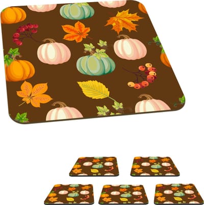 Onderzetters voor glazen - Herfst - Pompoenen - Patronen - 10x10 cm - Glasonderzetters - 6 stuks