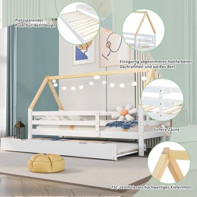 Boomhutbed - kinderbed - uittrekbed - bed met wieltjes en schuiffunctie - bedframe met houten dak - 90x200 & 90x190 cm - zonder matras