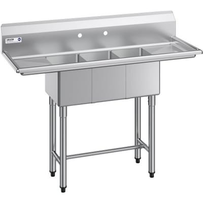 VEVOR 3-koms spoelbak met 2 afvoeren en spatbescherming, keuken spoelbak (1372 x 508 x 1097 mm), keuken spoelbak voor restaurants, foodtrucks en privégebruik, roestvrijstalen spoelbak, zilverkleurig