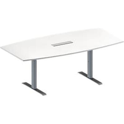 Schäfer Shop Genius Vergadertafel MODENA FLEX, in hoogte verstelbaar, 6-voudige contactdoos, bootvorm, T-poot rechthoekige buis, B 2000 x D 1000/800 mm, wit