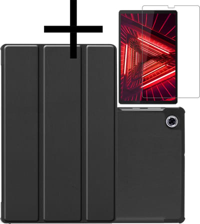Hoes - Geschikt voor Lenovo Tab M10 FHD Plus (2e / 2nd Generatie) - Met Screenprotector - Trifold Bookcase - Hard Cover - Hardcover Book Case - Tablet Hoesje - Zwart