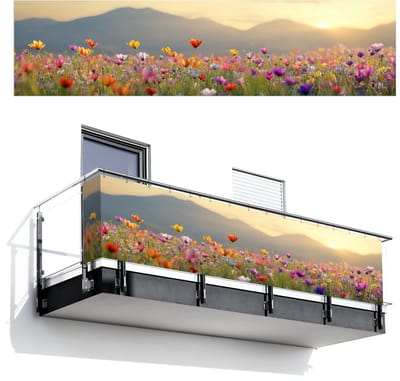 Balkonscherm 500x120 cm - Balkonposter Bloemenveld - Bergen - Zonlicht - Bloemen - Balkon scherm decoratie - Balkonschermen - Balkondoek zonnescherm