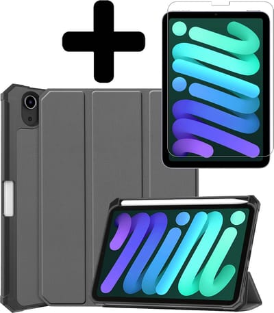 Hoes - Geschikt voor Apple iPad Mini 6 (2021) - 8.3 inch - 6e Generatie - Met Screenprotector - Trifold Bookcase - Hard Cover Case - Met Uitsparing Geschikt voor Apple Pencil - Hardcover Book - Tablet Hoesje - Grijs