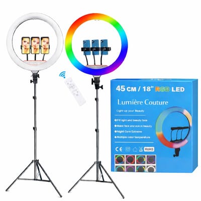 LED Ringlamp GROOT INCLUSIEF statief (verstelbaar) met telefoonhouder - RGB 45 cm / 18 inch -170 cm hoog - USB - flitser - Ring lamp voor Vloggen - Vlog - Make-up light - Studiolamp