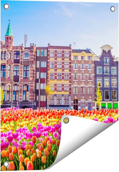Gards Tuinposter Amsterdamse Huisjes met Tulpen - Kleur - 40x50 cm - Tuindoek - Tuindecoratie - Wanddecoratie buiten - Tuinschilderij
