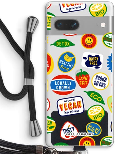 Case Company® - Hoesje met koord geschikt voor Google Pixel 7 hoesje met Koord - Fruitsticker - Telefoonhoesje met Zwart Koord - Bescherming aan alle Kanten en Over de Schermrand