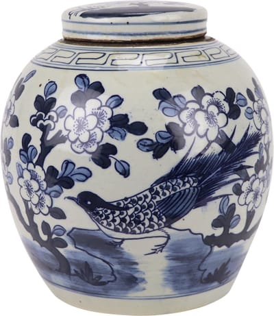 Fine Asianliving Chinese Gemberpot Blauw Wit Porselein Handgeschilderd Vogels D30xH30cm