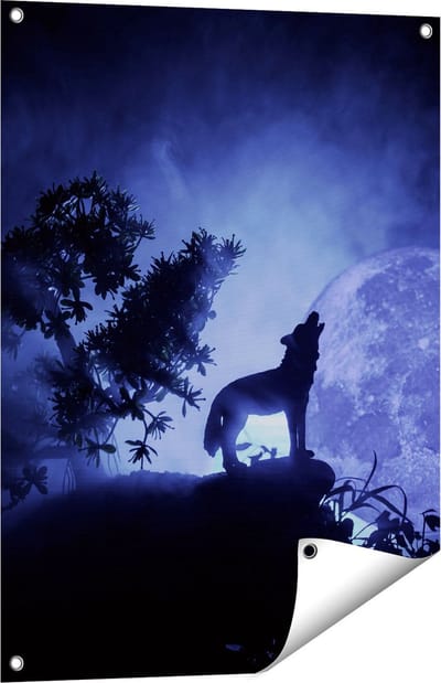 Gards Tuinposter Huilende Wolf in Silhouet bij Volle Maan - 60x80 cm - Tuindoek - Tuindecoratie - Wanddecoratie buiten - Tuinschilderij