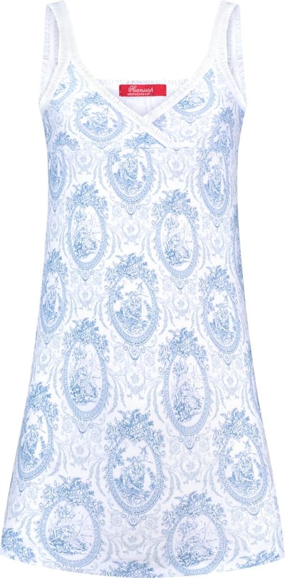 Exclusief Luxueus Kinder ondergoed, Luxe mooi zacht blauwe Girly Nachthemd / Slipdress van Hanssop met fashionable elastische rand details en in een luxe exclusieve Hanssop Blauwe Toile design, Meisjes Nachthemd, zacht blauwe toile print, maat 128