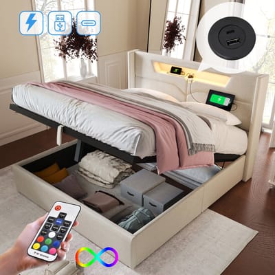 STILVORA Gestoffeerd Bed 160x200cm - Opbergbed met USB-C en LED - Modern Tweepersoonsbed - Linnen - Beige