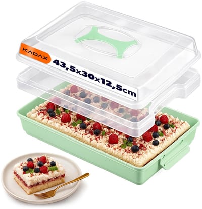 KADAX Taartdoos met deksel, 43 x 30 x 12,5 cm, kunststof taarthouder, transportdoos met handvat, bakvorm, voor blikcake, muffins, rechthoekig, voedseldoos (mint)