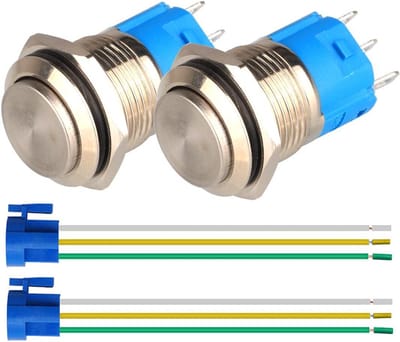 2 stuks 16mm Vergrendelende Metalen Drukknop RVS Waterdicht met Sokkel