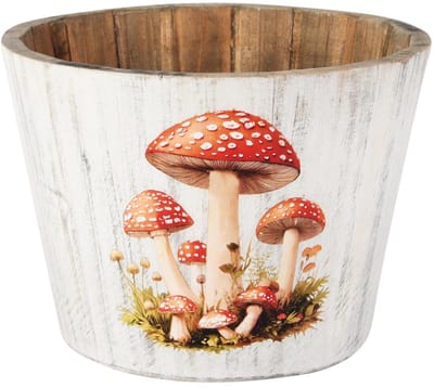 Dekoratief | Bloempot rond m/paddenstoelen, naturel/wit, hout, 18x18x13cm | A255958